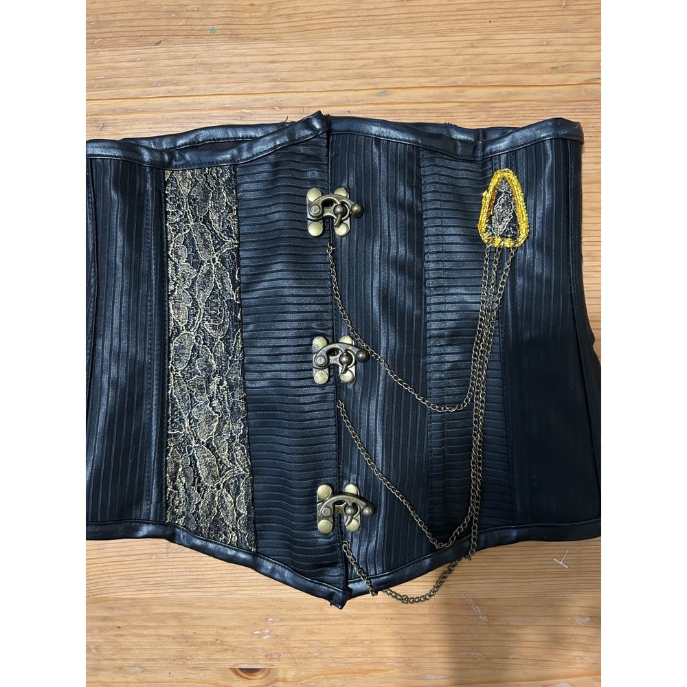 Vaacodor SM Black Goth Steampunk Lace Up Corset Faux Leather Gold Chain Hardware